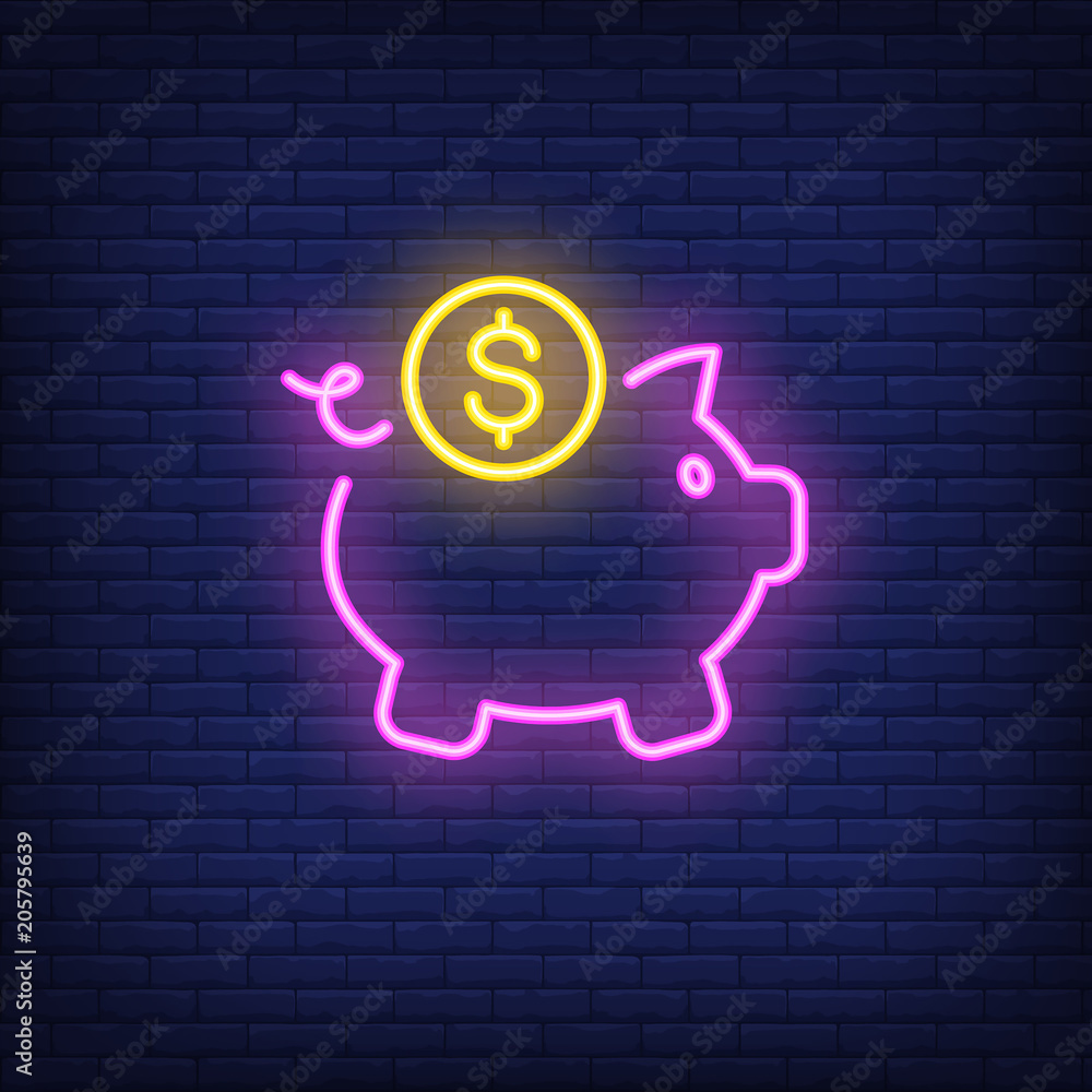 Vettoriale Stock Piggy bank with dollar coin. Neon sign element. Night  bright advertisement. Vector illustration for business, finance, saving,  money topics | Adobe Stock