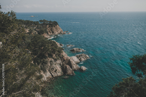 view of cliffs  a greenish-blue color bay  clear turquoise sea and andorange and green plants and trees 