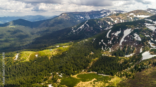 Aerial view of beautiful Carpathian mountains in summer.