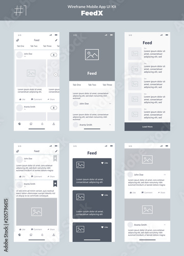 Wireframe kit for mobile phone. Mobile App UI design. Feed, photos, public, and news screens.