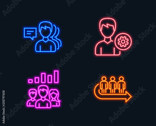 Neon lights. Set of Teamwork results, Support and People icons. Queue sign. Group work, Edit profile, Support job. People waiting.  Glowing graphic designs. Vector © blankstock
