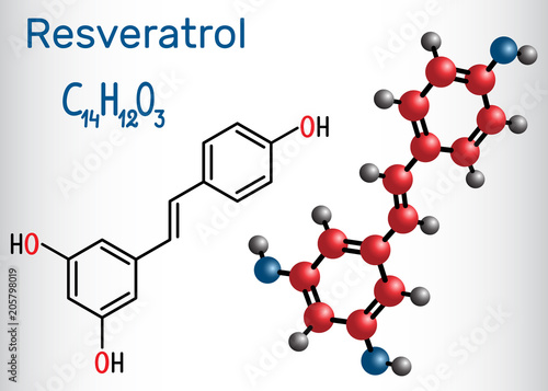 Resveratrol molecule. It is natural phenol, phytoalexin, antioxidant. Structural chemical formula and molecule model
