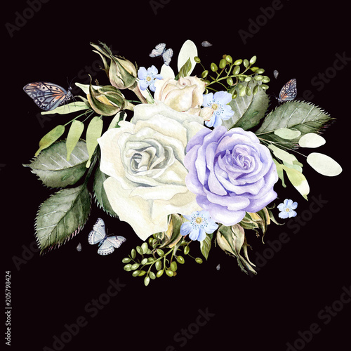 A beautiful watercolor bouquet with roses and butterfly.