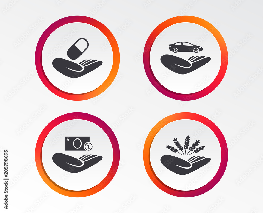 Helping hands icons. Protection and insurance symbols. Save money, car and health medical insurance. Agriculture wheat sign. Infographic design buttons. Circle templates. Vector