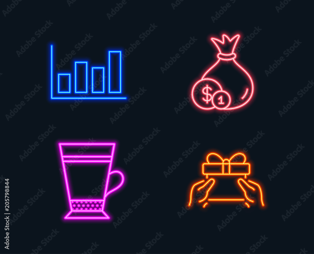 Neon lights. Set of Cash, Latte and Report diagram icons. Give present sign. Banking currency, Coffee beverage, Financial market. Receive a gift. Glowing graphic designs. Vector Neon lights. Set of Cash, Latte and Report diagram icons. Give present sign. Banking currency, Coffee beverage, Financial market. Receive a gift. Glowing graphic designs. Vector