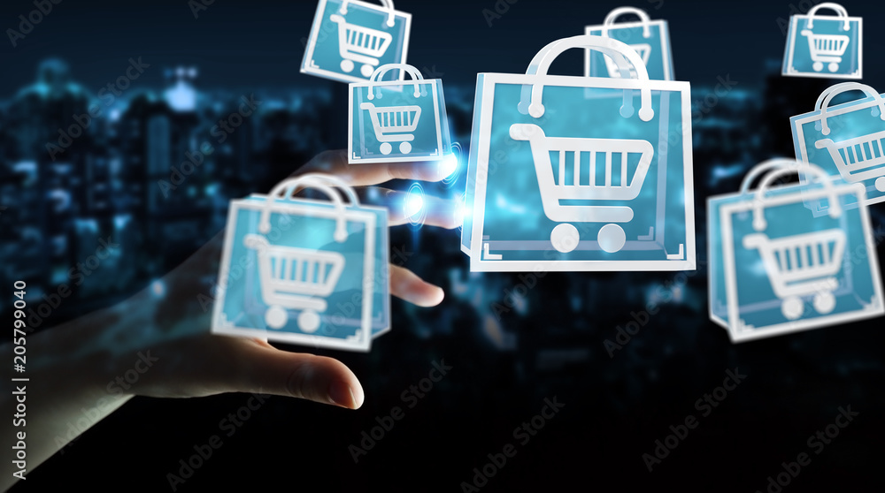 Businesswoman using digital shopping icons 3D rendering Businesswoman using digital shopping icons 3D rendering