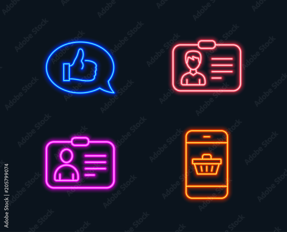 Neon lights. Set of Identification card, Id card and Feedback icons. Smartphone buying sign. Person document, Human document, Speech bubble. Website shopping. Glowing graphic designs. Vector Neon lights. Set of Identification card, Id card and Feedback icons. Smartphone buying sign. Person document, Human document, Speech bubble. Website shopping. Glowing graphic designs. Vector