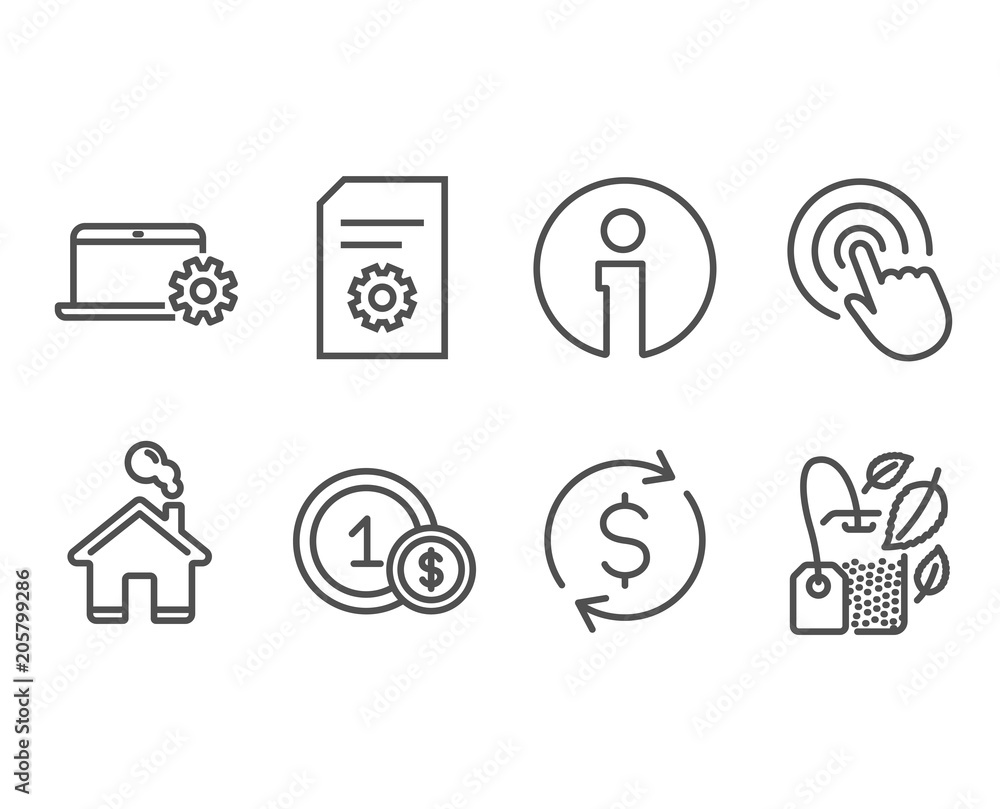 Set of File settings, Notebook service and Usd coins icons. Click, Dollar exchange and Mint bag signs. File management, Computer repair, Cash payment. Cursor pointer, Banking rates, Mentha tea