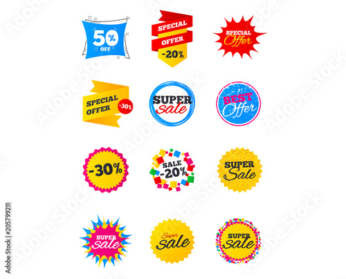Sale banners. Best offers, discounts tags. Market sale flyers or Clearance special offers. Shopping sale stars templates. Vector illustration