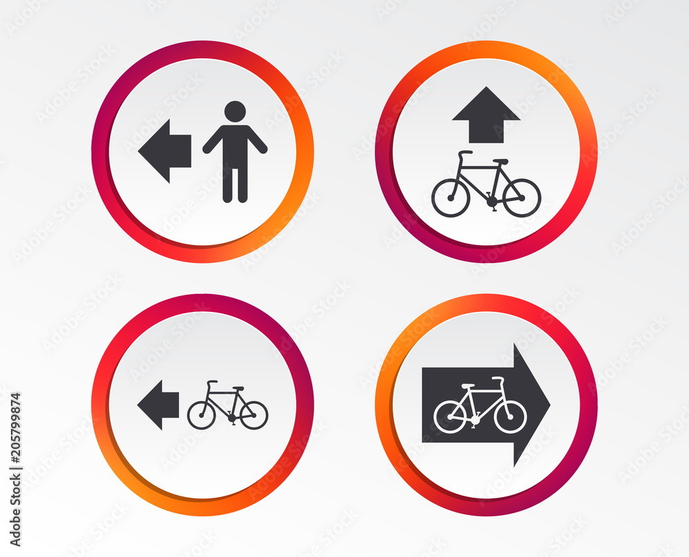 Pedestrian road icon. Bicycle path trail sign. Cycle path. Arrow symbol. Infographic design buttons. Circle templates. Vector