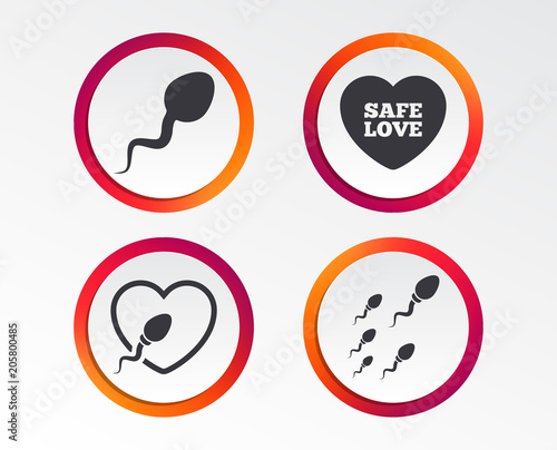 Sperm icons. Fertilization or insemination signs. Safe love heart symbol. Infographic design buttons. Circle templates. Vector