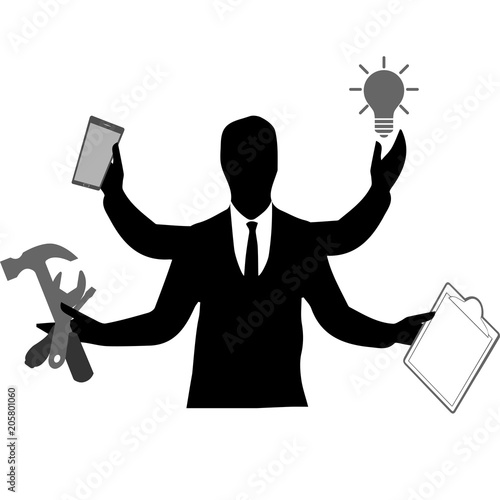 Man’s silhouette with many hands holding different objects, multitasking and productivity concept