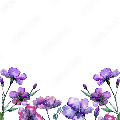 Violet flax. Floral botanical flower. Frame border ornament square. Aquarelle wildflower for background, texture, wrapper pattern, frame or border.