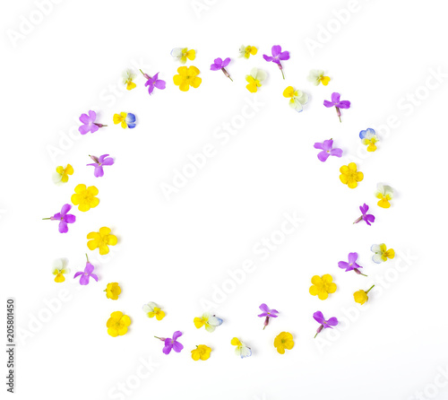 Round frame wreath made of meadow flowers isolated on white background. Top view. Flat lay.