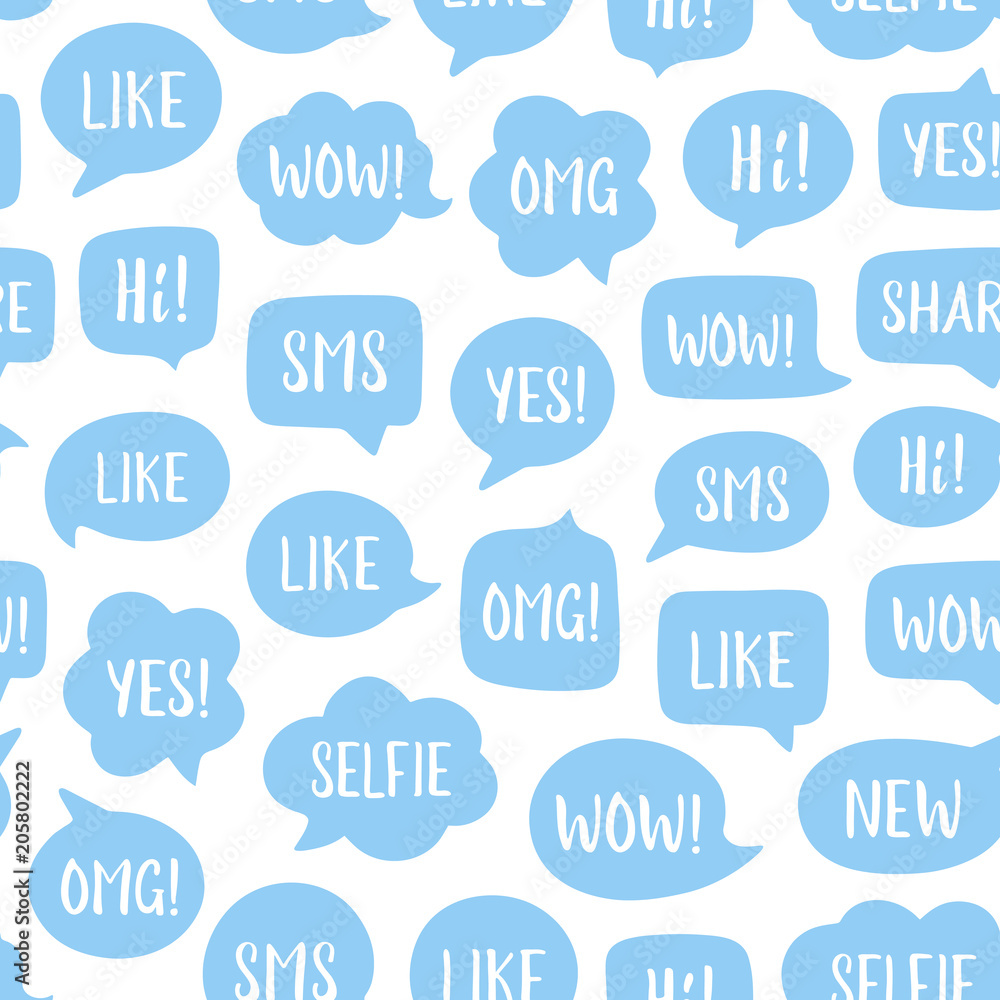 Vector seamless pattern of blue speech bubbles with popular social media phrases: selfie, like, wow, sms, hi etc. Blue background. Communication, chat, dialog, gadgets, social media network concept Vector seamless pattern of blue speech bubbles with popular social media phrases: selfie, like, wow, sms, hi etc. Blue background. Communication, chat, dialog, gadgets, social media network concept