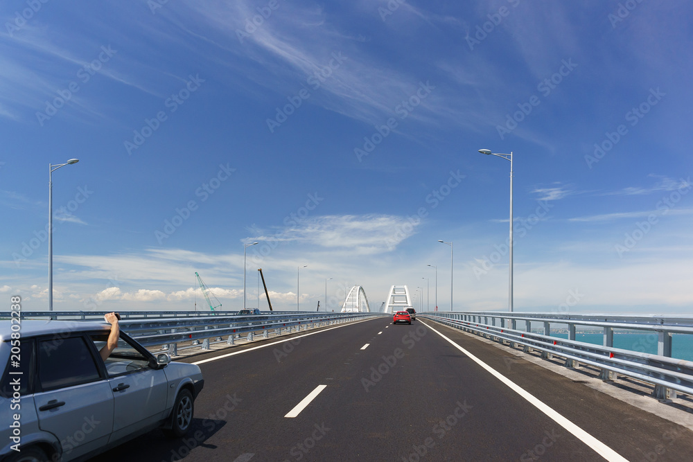 open passage on the road bridge connecting the banks of the Kerch Strait between Taman And Kerch