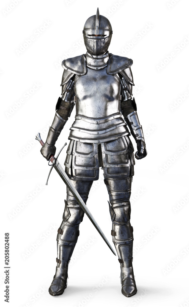 Female knight on an isolated white background. 3d rendering Female knight on an isolated white background. 3d rendering