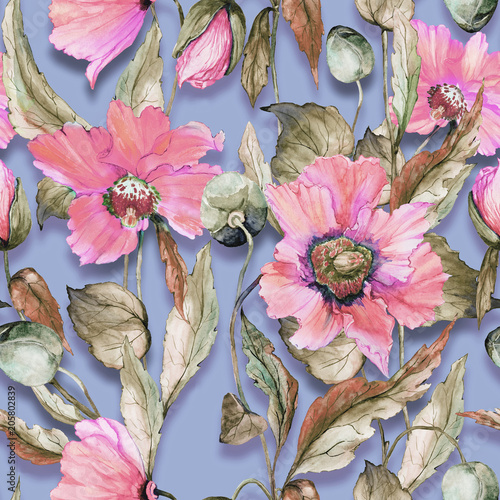 Beautiful pink poppy flowers on lilac background. Pastel colored seamless flo...