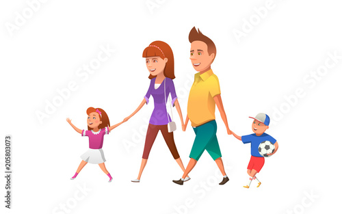 Happy family walking together. illustration of happy parents with children walking together and having fun.