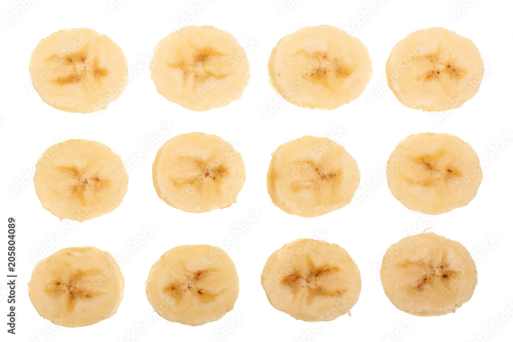 banana sliced isolated on white background. Top view. Flat lay banana sliced isolated on white background. Top view. Flat lay
