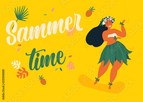 Beautiful cute hula girl with hibiscus wreath. Hawaiian girl in traditional luau festival costume. Female dancer in leaf skirt. Summer time text and aloha hawaii concept. Vector illustration.