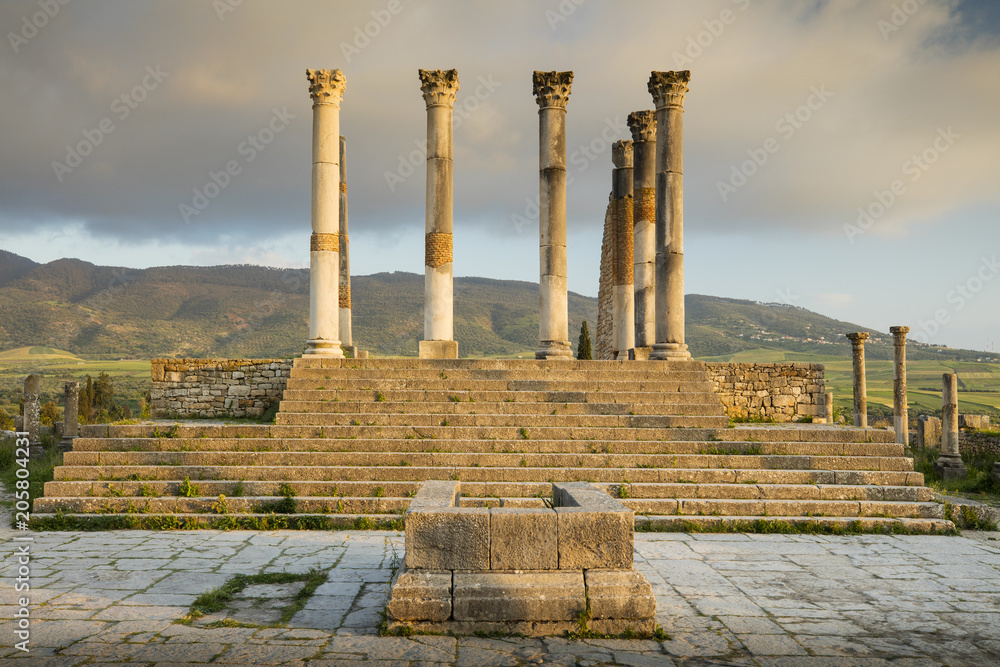 Fototapeta premium roman columns on the central square in antique roman city in Morocco