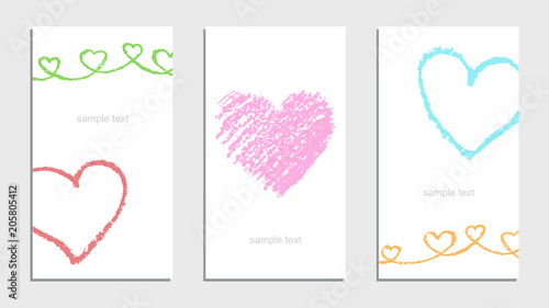 Hand drawn card with valentine`s day love heart and text set. Hand drawing crayon or pastel chalk line art. Soft color design elements, vector background.