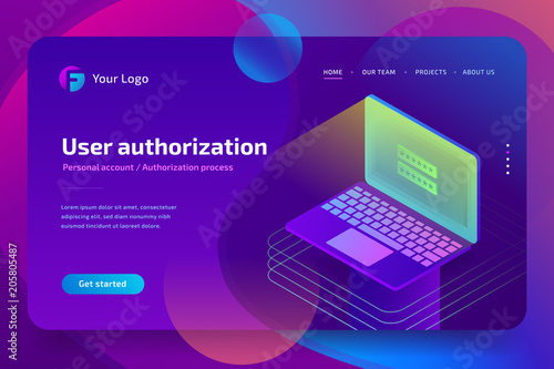 Login password on laptop screen. Data access biometric authorization. 3d isometric vector illustration on ultraviolet background