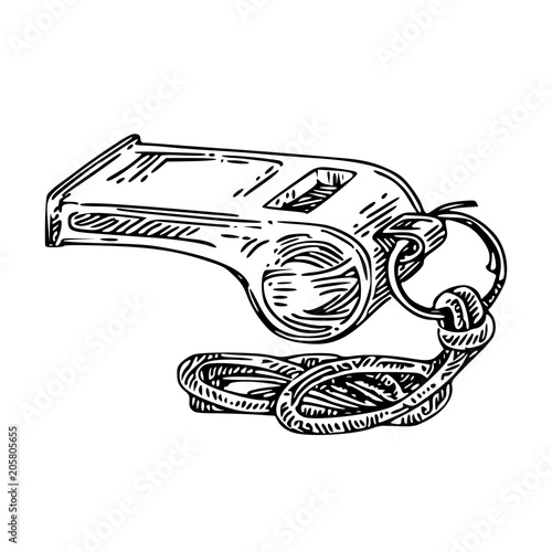 Sport whistle. Engraving style. Vector illustration.