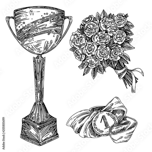 Winner set. Trophy cup, bouquet roses and gold medal. Engraving style. Vector illustration.
