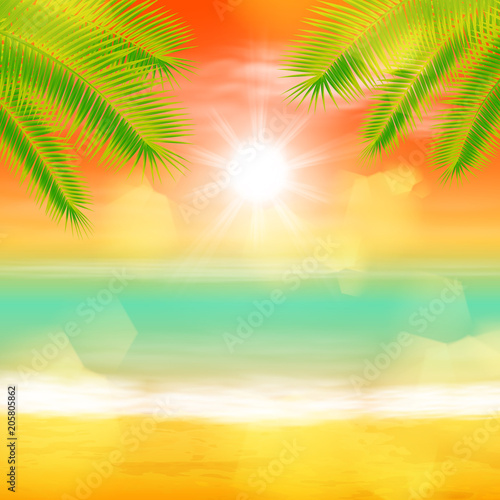 Sea sunset with palmtree leaves and light on lens. EPS10 vector.