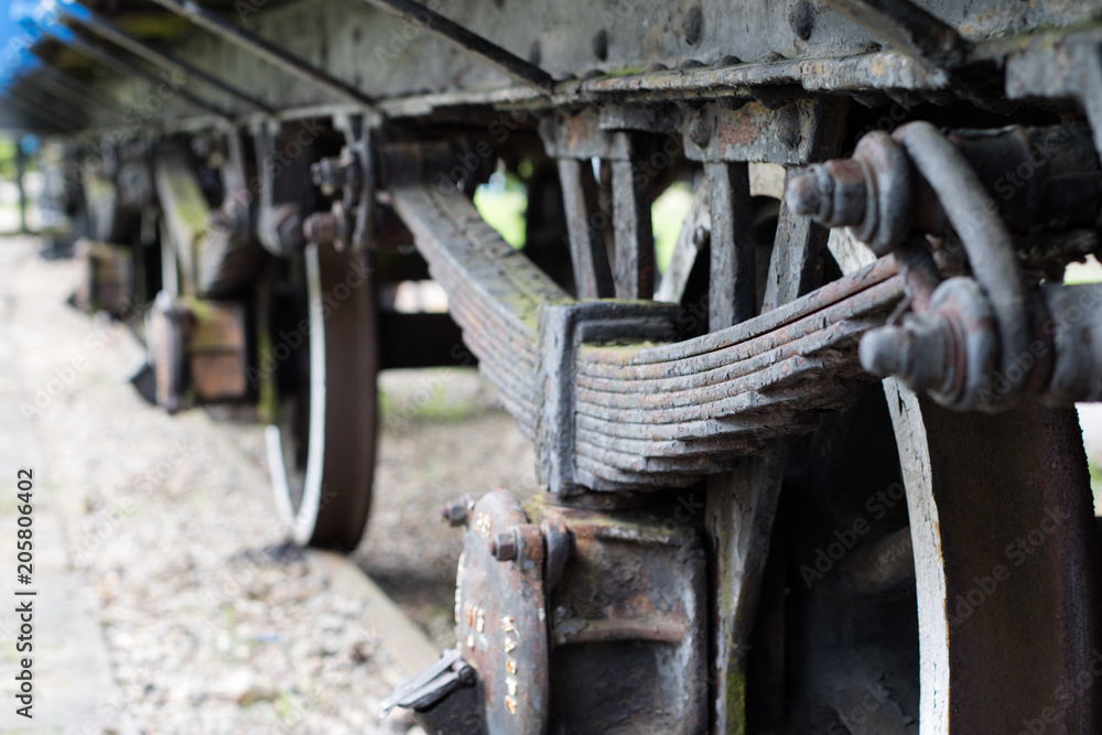 Old suspension of locomotives and wagons. Wheel suspension used in old trains. Old suspension of locomotives and wagons. Wheel suspension used in old trains.
