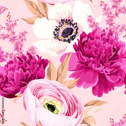 Seamless pattern with peony and ranunculus