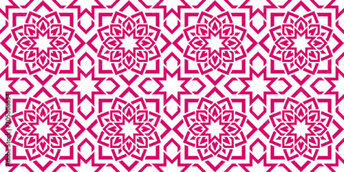 Arabic seamless pattern. Islamic geometric background. Vector eastern texture. Flowers decor elements. Template ornamental design for home imterior, pattern fills, holidays. Traditional colors