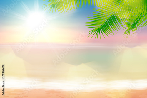 Beach and tropical sea with palmtree leaves and light on lens. EPS10 vector.