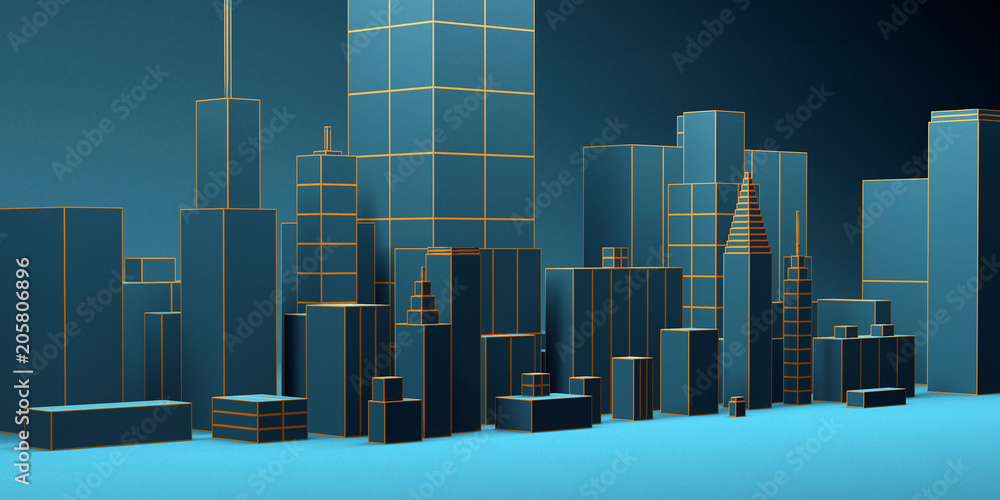 Fototapeta premium Urban abstract background, futuristic blue city panorama. 3d illustration.