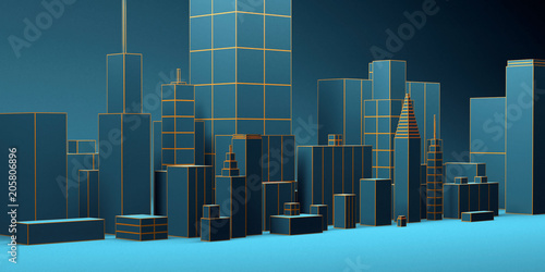 Urban abstract background, futuristic blue city panorama. 3d illustration.