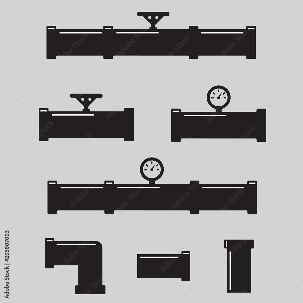 Valve, taps, pipe connectors, pipe details. Pipe fittings vector icons set Valve, taps, pipe connectors, pipe details. Pipe fittings vector icons set