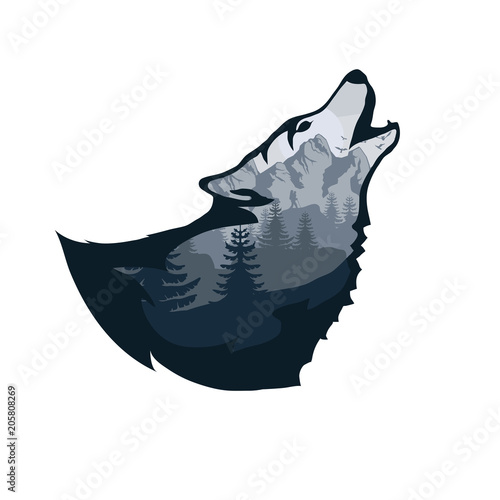 wolf double exposure. Wildlife for your design, outdoors symbol wolf double exposure. Vector graphics to design.