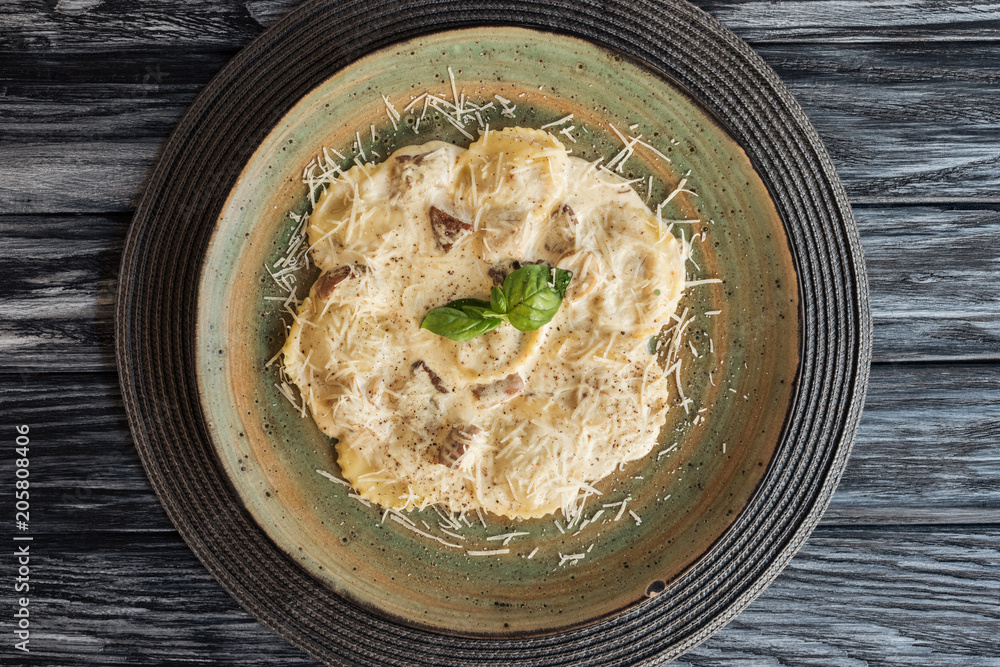top view of gourmet italian ravioli with spinach and ricotta cheese on plate top view of gourmet italian ravioli with spinach and ricotta cheese on plate