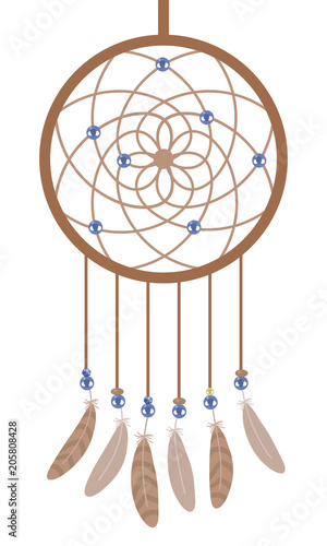 catcher dreams feathers beige brown pastel tones beads sparkling crystals pearl blue cord gift illustration vector isolated on white background