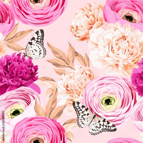Seamless pattern with peony and ranunculus
