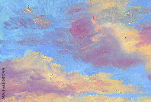 Hand drawn artistic background. Clouds in the blue sky at sunset. Orange and pink tones. Oil painting.