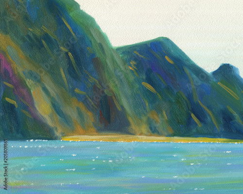 Seascape. A view of the cliffs and the beach. Wild nature. Sunny is a quiet day. Oil painting.