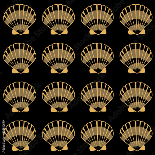 Gold seashell vector graphics, pearl bivalved mollusks illustration. Ocean scallop, bivalve pearl shell, marine mollusk isolated wild life-nature background. Simple sea shell pattern.