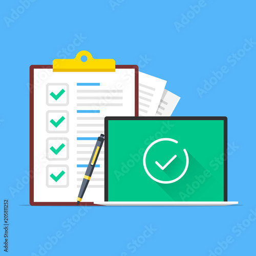 Checklist and laptop with check mark icon on screen. Clipboard with green checkmarks, pen and notebook with tick line icon. Modern concept. Flat design. Vector illustration