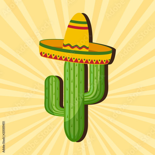 Mexican card. Cactus in sombrero on background of sunlight. Vector illustration