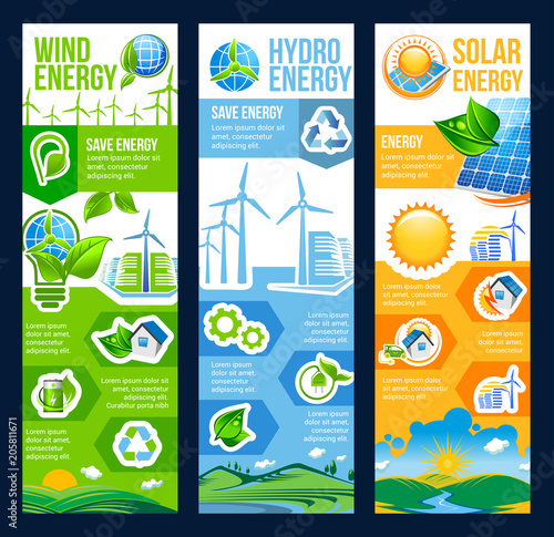 Save energy banner of solar, wind and hydro power