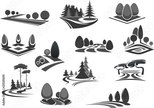 Nature landscape icon set with tree and plant