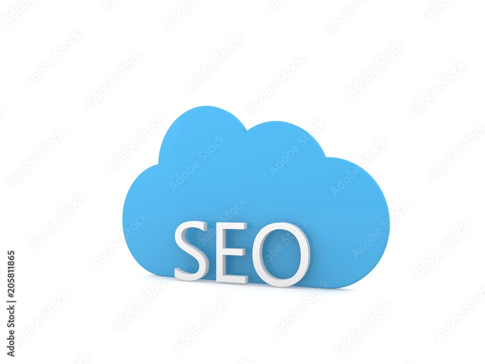 SEO optimization and a cloud on a white background. 3d render illustration. SEO optimization and a cloud on a white background. 3d render illustration.